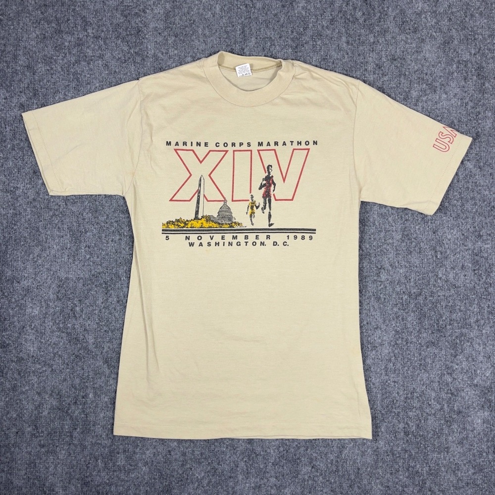 Velva Sheen Marine Corps Marathon XIV Shirt Mens L Tan 1989 Vintage USMC USA